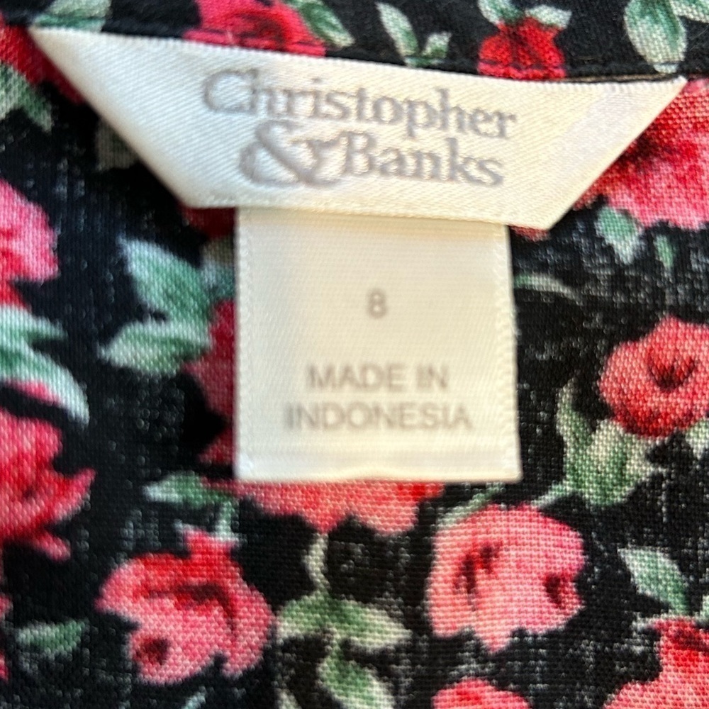 B058.  Christopher Banks floral red/black ruffled bottom side zip Sz 8 skirt. - Picture 2 of 4